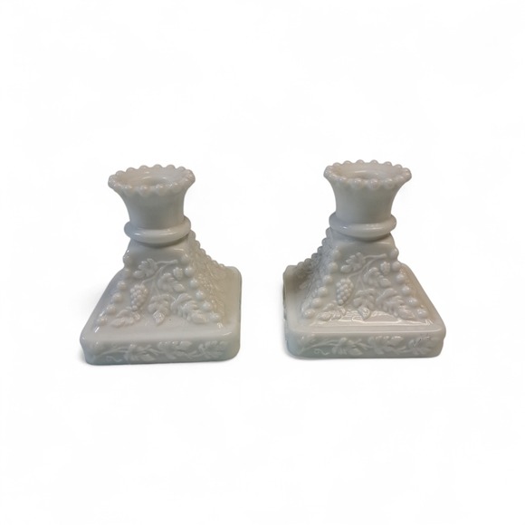 Other - Milk Glass Candle Holders Grapevine Hobnail Square